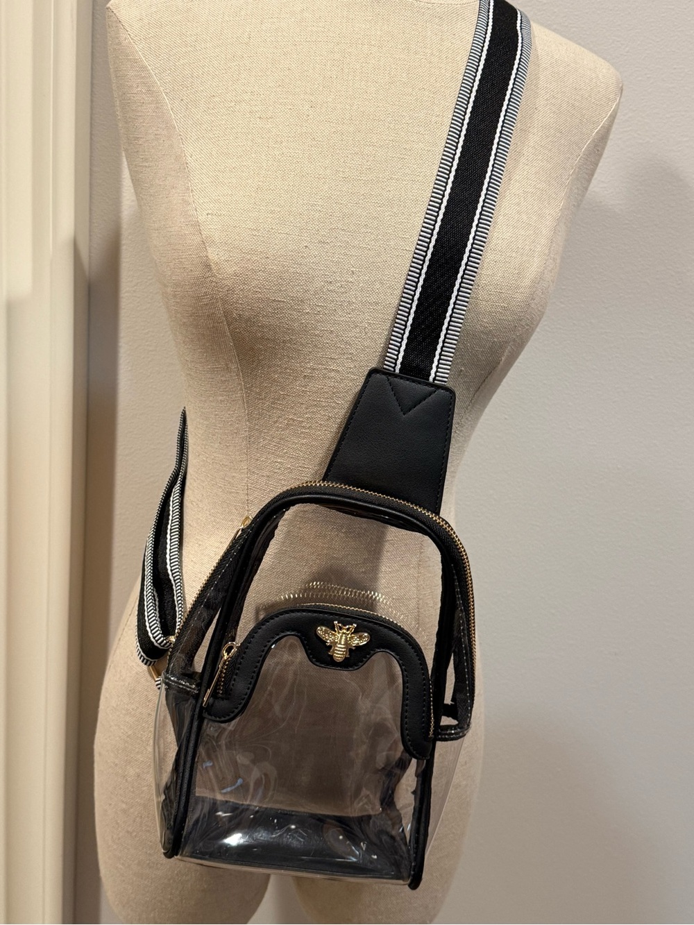 Black Clear Crossbody with Gold Bee Accent and Striped Strap